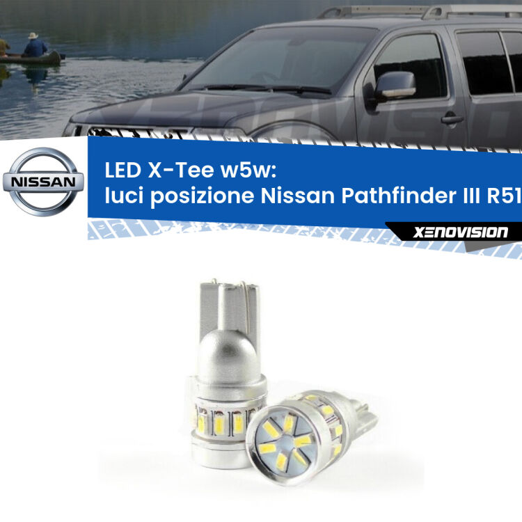 0 Luci posizione LED per Nissan Pathfinder III R51 2005-2011: W5W X-Tee <strong>LED luci posizione per Nissan Pathfinder III</strong> R51 2005-2011. Lampade <strong>W5W</strong> modello X-Tee Xenovision top di gamma.