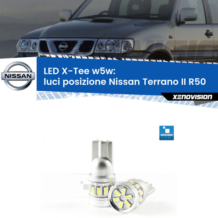 <strong>LED luci posizione per Nissan Terrano II</strong> R50 1997-2004. Lampade <strong>W5W</strong> modello X-Tee Xenovision top di gamma.