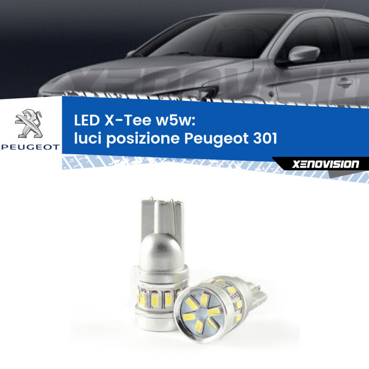 0 Luci posizione LED per Peugeot 301 senza luci diurne: W5W X-Tee <strong>LED luci posizione per Peugeot 301</strong> senza luci diurne. Lampade <strong>W5W</strong> modello X-Tee Xenovision top di gamma.