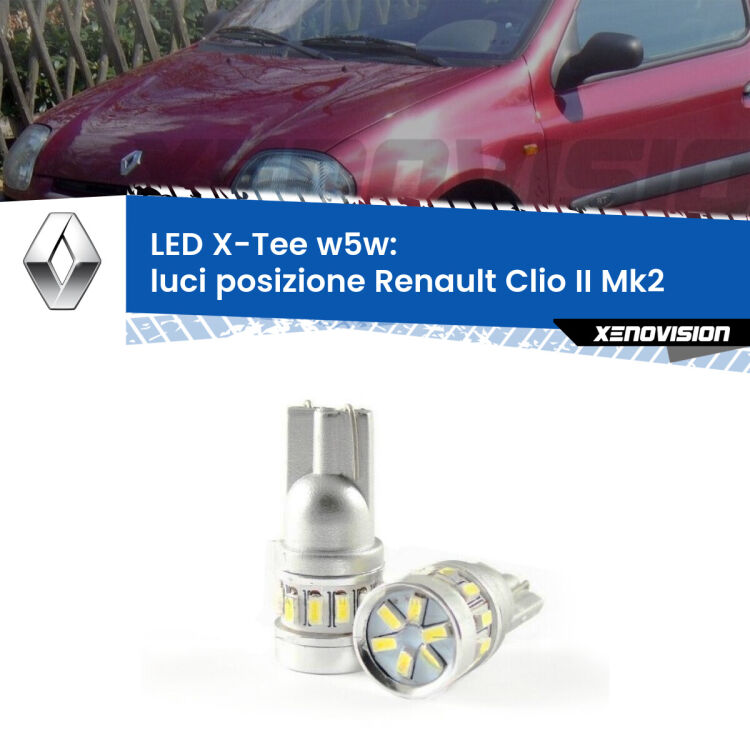 0 Luci posizione LED per Renault Clio II Mk2 1998-2004: W5W X-Tee <strong>LED luci posizione per Renault Clio II</strong> Mk2 1998-2004. Lampade <strong>W5W</strong> modello X-Tee Xenovision top di gamma.