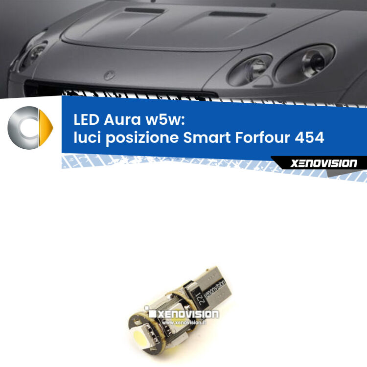 0 Luci posizione LED per Smart Forfour 454 2004-2006: Aura w5w <strong>LED luci posizione w5w per Smart Forfour</strong> 454 2004-2006. Una lampadina <strong>w5w</strong> canbus luce bianca 6000k modello Aura Xenovision.