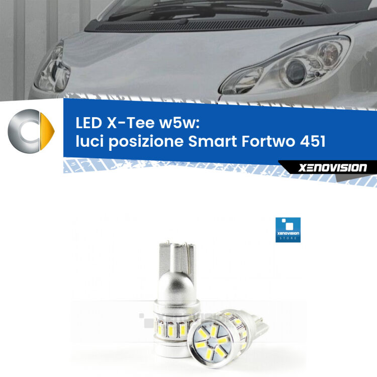 <strong>LED luci posizione per Smart Fortwo</strong> 451 2007-2014. Lampade <strong>W5W</strong> modello X-Tee Xenovision top di gamma.