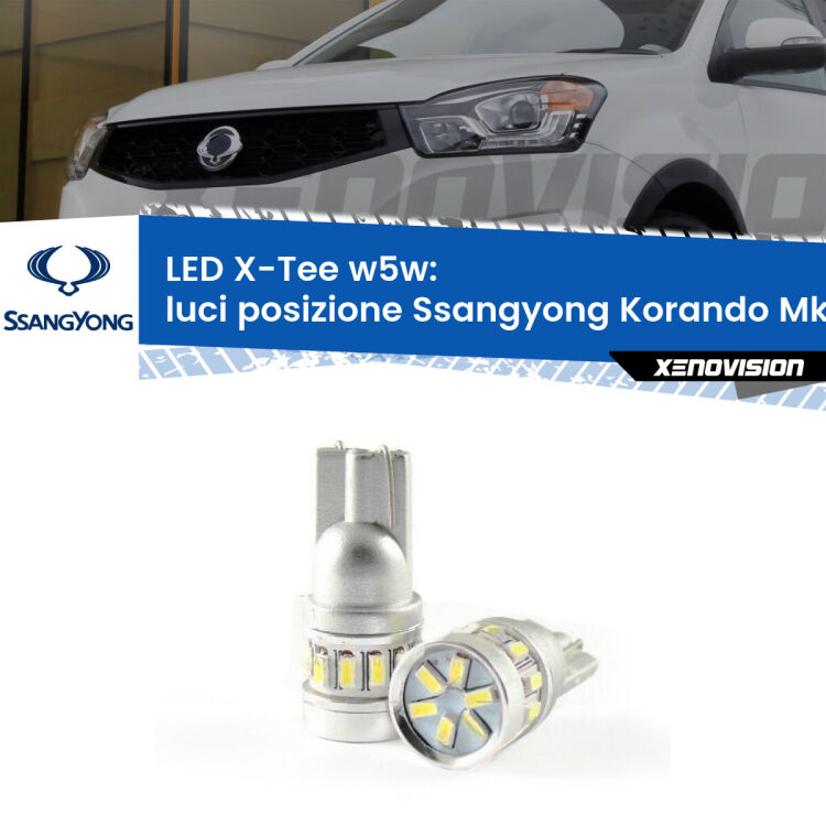 0 Luci posizione LED per Ssangyong Korando Mk2 1996-2006: W5W X-Tee <strong>LED luci posizione per Ssangyong Korando</strong> Mk2 1996-2006. Lampade <strong>W5W</strong> modello X-Tee Xenovision top di gamma.
