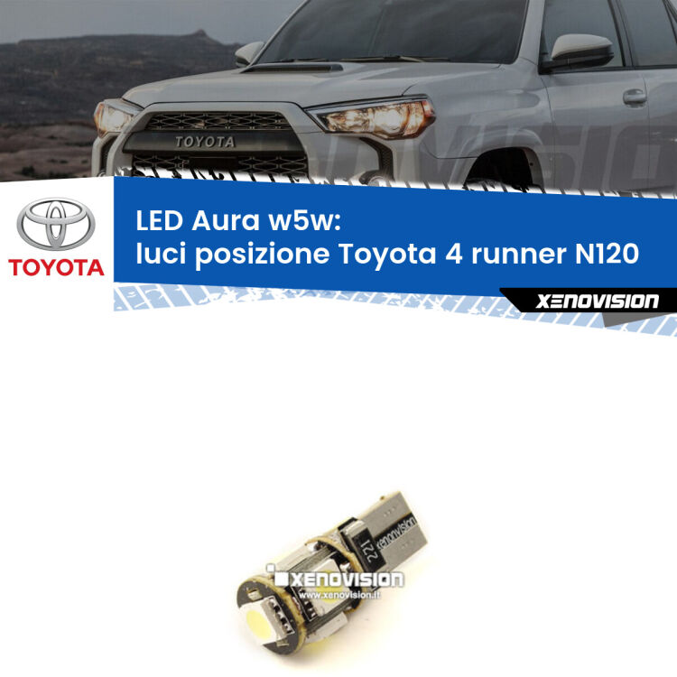 <strong>LED luci posizione w5w per Toyota 4 runner</strong> N120 1989-1996. Una lampadina <strong>w5w</strong> canbus luce bianca 6000k modello Aura Xenovision.