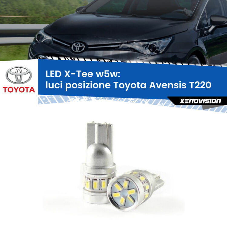 0 Luci posizione LED per Toyota Avensis T220 1997-2003: W5W X-Tee <strong>LED luci posizione per Toyota Avensis</strong> T220 1997-2003. Lampade <strong>W5W</strong> modello X-Tee Xenovision top di gamma.