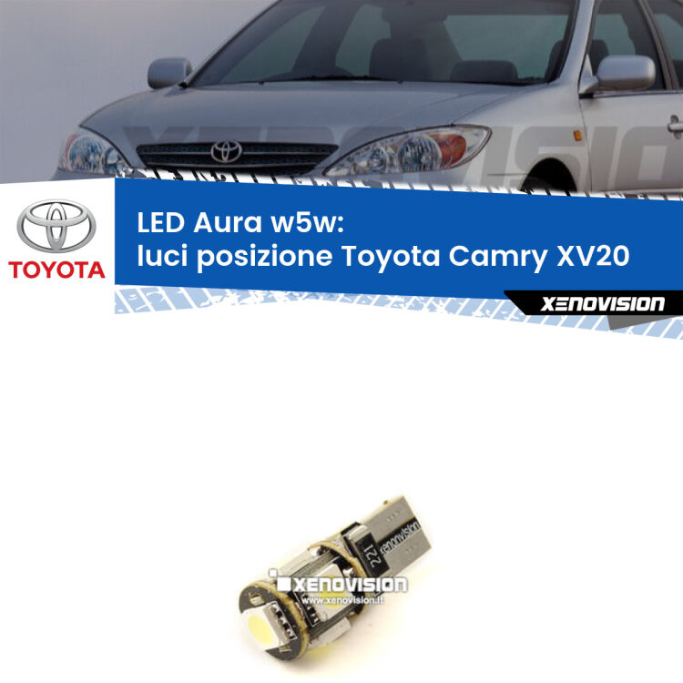 0 Luci posizione LED per Toyota Camry XV20 1996-2001: Aura w5w <strong>LED luci posizione w5w per Toyota Camry</strong> XV20 1996-2001. Una lampadina <strong>w5w</strong> canbus luce bianca 6000k modello Aura Xenovision.