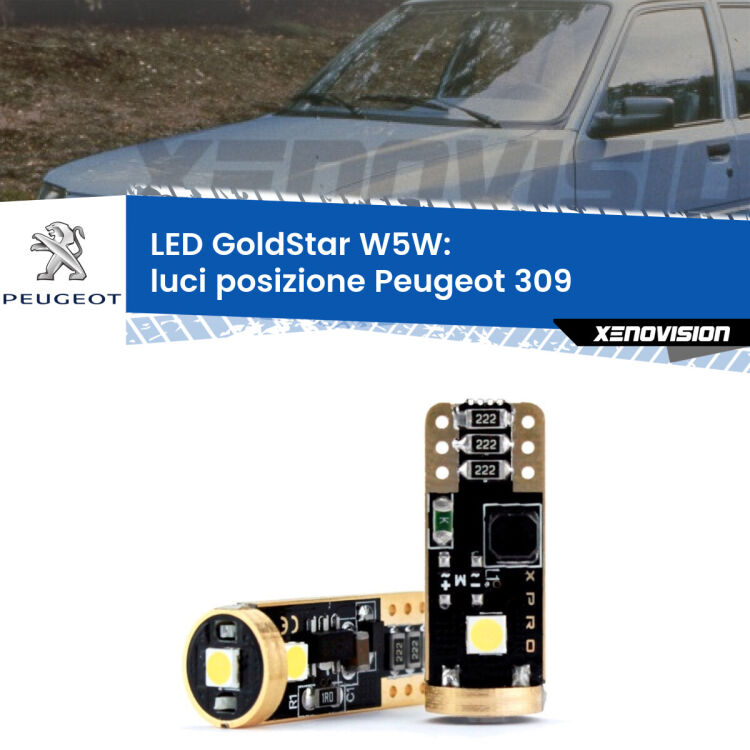 0 Luci posizione LED Peugeot 309 1989-1993: T10 GoldStar <strong>Luci posizione LED Peugeot 309</strong> 1989-1993: ottima luminosità a 360 gradi. Si inseriscono ovunque. Canbus, Top Quality.