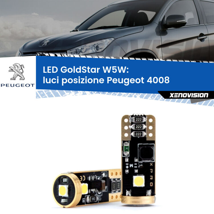 0 Luci posizione LED Peugeot 4008 2012in poi: T10 GoldStar <strong>Luci posizione LED Peugeot 4008</strong> 2012in poi: ottima luminosità a 360 gradi. Si inseriscono ovunque. Canbus, Top Quality.