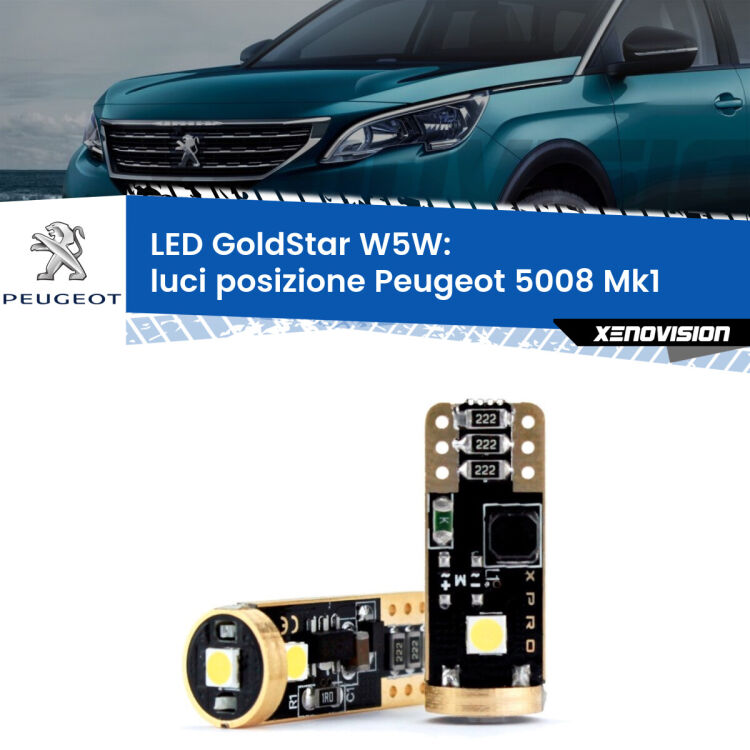 0 Luci posizione LED Peugeot 5008 Mk1 2009-2012: T10 GoldStar <strong>Luci posizione LED Peugeot 5008</strong> Mk1 2009-2012: ottima luminosità a 360 gradi. Si inseriscono ovunque. Canbus, Top Quality.
