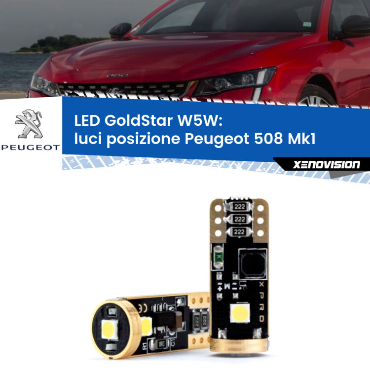 0 Luci posizione LED Peugeot 508 Mk1 2010-2014: T10 GoldStar <strong>Luci posizione LED Peugeot 508</strong> Mk1 2010-2014: ottima luminosità a 360 gradi. Si inseriscono ovunque. Canbus, Top Quality.