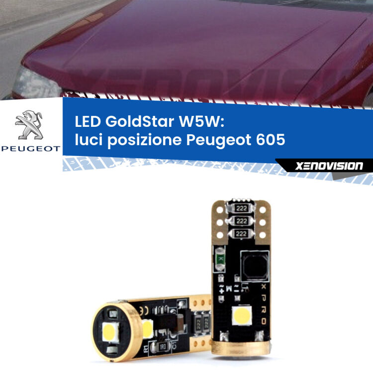 0 Luci posizione LED Peugeot 605 1989-1999: T10 GoldStar <strong>Luci posizione LED Peugeot 605</strong> 1989-1999: ottima luminosità a 360 gradi. Si inseriscono ovunque. Canbus, Top Quality.