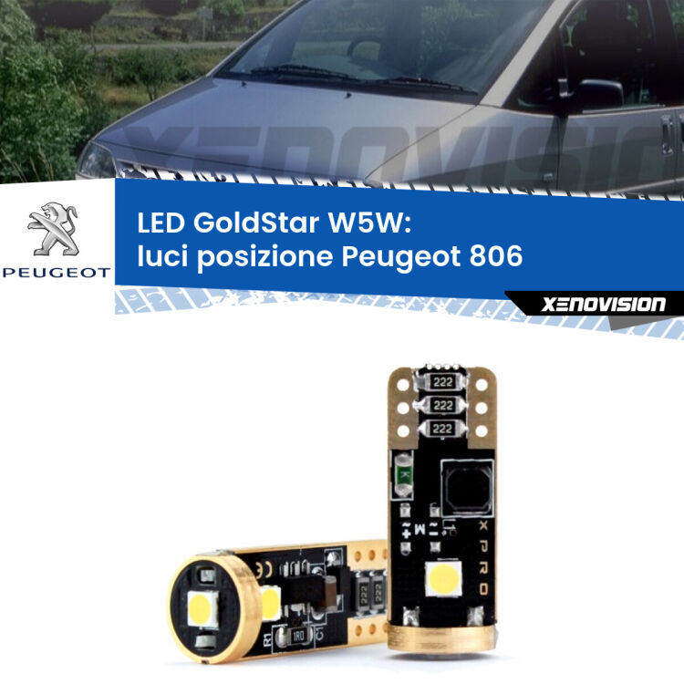 0 Luci posizione LED Peugeot 806 1994-2002: T10 GoldStar <strong>Luci posizione LED Peugeot 806</strong> 1994-2002: ottima luminosità a 360 gradi. Si inseriscono ovunque. Canbus, Top Quality.