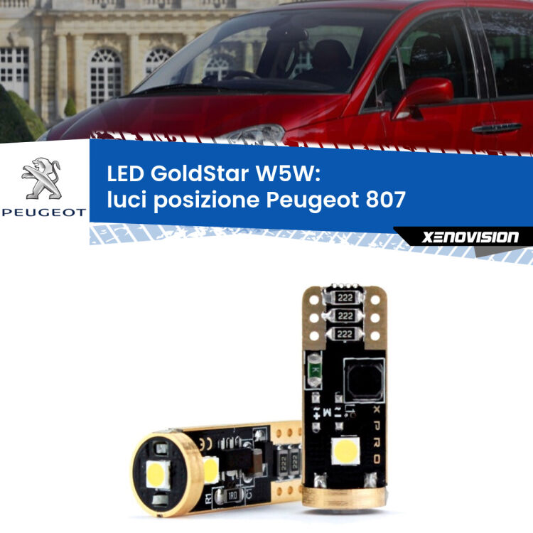 0 Luci posizione LED Peugeot 807 2002-2010: T10 GoldStar <strong>Luci posizione LED Peugeot 807</strong> 2002-2010: ottima luminosità a 360 gradi. Si inseriscono ovunque. Canbus, Top Quality.