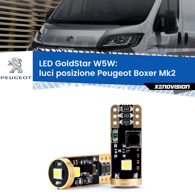 0 Luci posizione LED Peugeot Boxer Mk2 2002-2005: T10 GoldStar <strong>Luci posizione LED Peugeot Boxer</strong> Mk2 2002-2005: ottima luminosità a 360 gradi. Si inseriscono ovunque. Canbus, Top Quality.