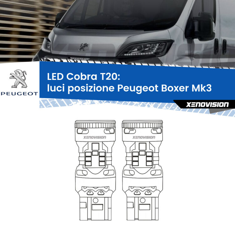 0 Luci posizione LED Peugeot Boxer Mk3 2014in poi: T20 Cobra <strong>Luci posizione LED no-spie per Peugeot Boxer</strong> Mk3 2014in poi. Coppia lampade <strong>T20</strong> modello Cobra super-canbus, raffreddate a ventola.