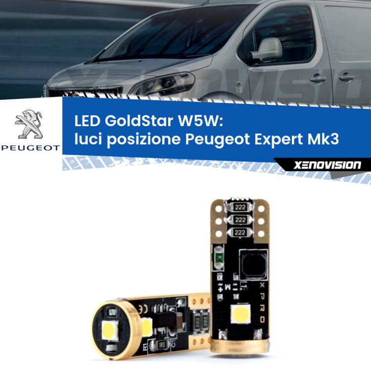 0 Luci posizione LED Peugeot Expert Mk3 2016in poi: T10 GoldStar <strong>Luci posizione LED Peugeot Expert</strong> Mk3 2016in poi: ottima luminosità a 360 gradi. Si inseriscono ovunque. Canbus, Top Quality.