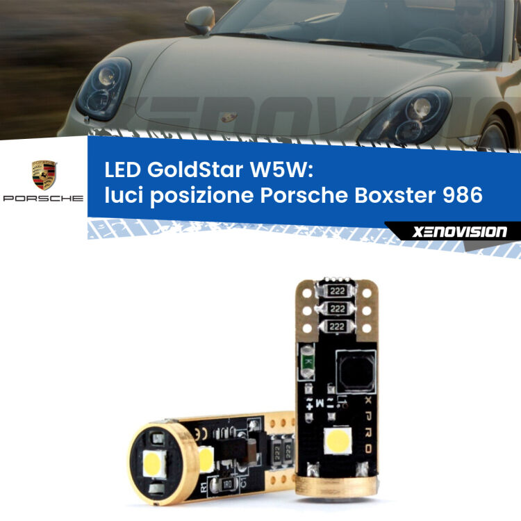 0 Luci posizione LED Porsche Boxster 986 1996-2004: T10 GoldStar <strong>Luci posizione LED Porsche Boxster</strong> 986 1996-2004: ottima luminosità a 360 gradi. Si inseriscono ovunque. Canbus, Top Quality.