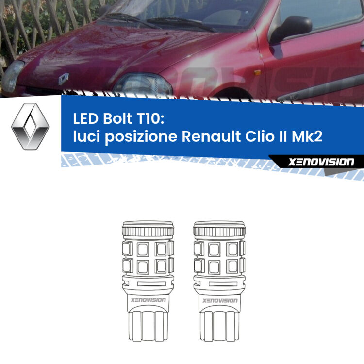 0 Luci posizione LED Renault Clio II Mk2 1998-2004: T10 Bolt <strong>Luci posizione LED per Renault Clio II</strong> Mk2 1998-2004. Coppia lampade <strong>T10</strong> modello Bolt canbus.