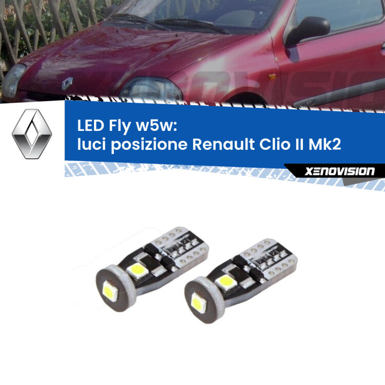 0 Luci posizione LED Renault Clio II Mk2 1998-2004: W5W Fly <strong>luci posizione LED per Renault Clio II</strong> Mk2 1998-2004. Coppia lampadine <strong>w5w</strong> Canbus compatte modello Fly Xenovision.