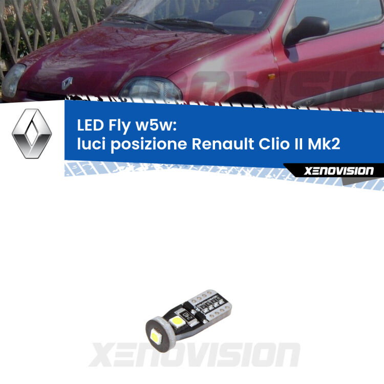 <strong>luci posizione LED per Renault Clio II</strong> Mk2 1998-2004. Coppia lampadine <strong>w5w</strong> Canbus compatte modello Fly Xenovision.