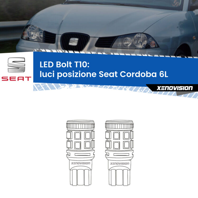 0 Luci posizione LED Seat Cordoba 6L 2002-2009: T10 Bolt <strong>Luci posizione LED per Seat Cordoba</strong> 6L 2002-2009. Coppia lampade <strong>T10</strong> modello Bolt canbus.