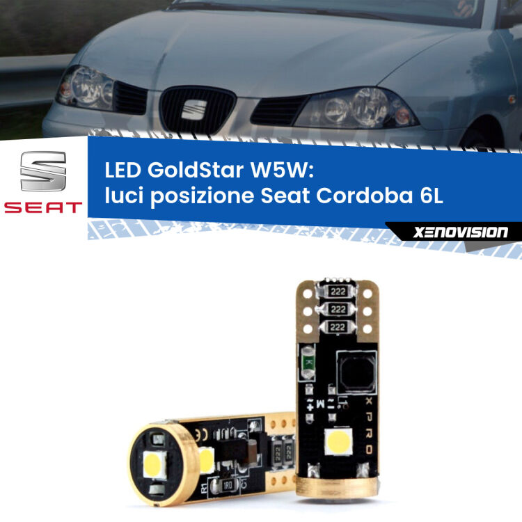 0 Luci posizione LED Seat Cordoba 6L 2002-2009: T10 GoldStar <strong>Luci posizione LED Seat Cordoba</strong> 6L 2002-2009: ottima luminosità a 360 gradi. Si inseriscono ovunque. Canbus, Top Quality.