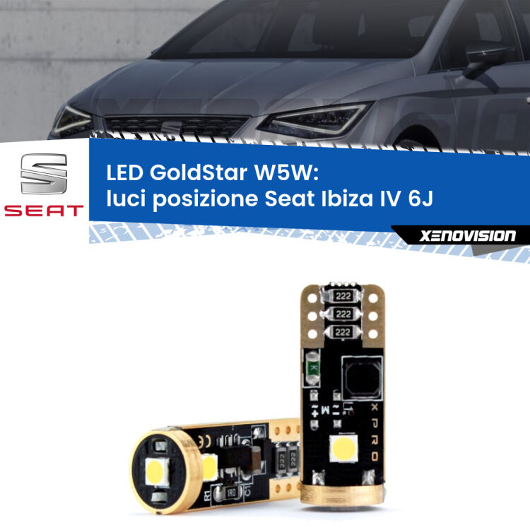 0 Luci posizione LED Seat Ibiza IV 6J 2008-2012: T10 GoldStar <strong>Luci posizione LED Seat Ibiza IV</strong> 6J 2008-2012: ottima luminosità a 360 gradi. Si inseriscono ovunque. Canbus, Top Quality.