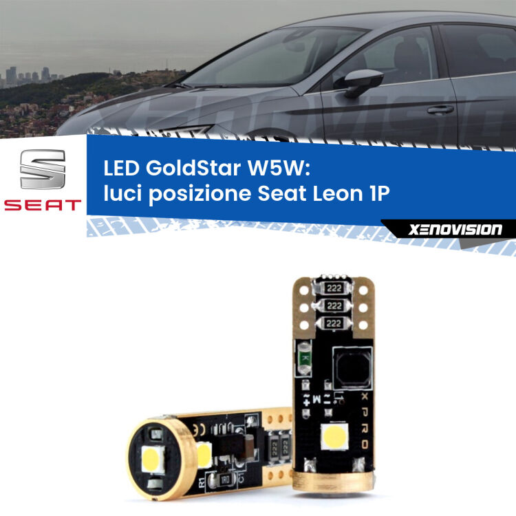 0 Luci posizione LED Seat Leon 1P 2005-2012: T10 GoldStar <strong>Luci posizione LED Seat Leon</strong> 1P 2005-2012: ottima luminosità a 360 gradi. Si inseriscono ovunque. Canbus, Top Quality.