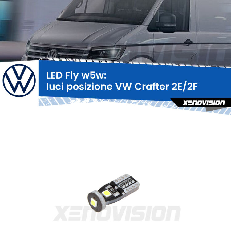 <strong>luci posizione LED per VW Crafter</strong> 2E/2F senza luci diurne. Coppia lampadine <strong>w5w</strong> Canbus compatte modello Fly Xenovision.
