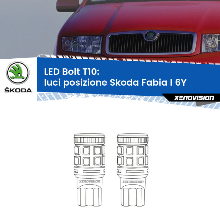 0 Luci posizione LED Skoda Fabia I 6Y 1999-2006: T10 Bolt <strong>Luci posizione LED per Skoda Fabia I</strong> 6Y 1999-2006. Coppia lampade <strong>T10</strong> modello Bolt canbus.