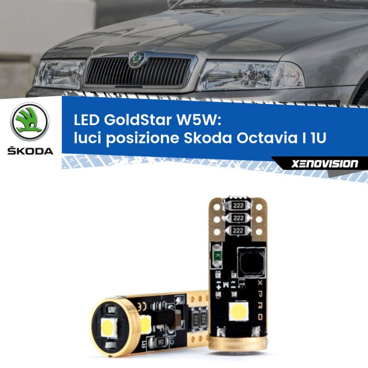 0 Luci posizione LED Skoda Octavia I 1U 1996-2010: T10 GoldStar <strong>Luci posizione LED Skoda Octavia I</strong> 1U 1996-2010: ottima luminosità a 360 gradi. Si inseriscono ovunque. Canbus, Top Quality.