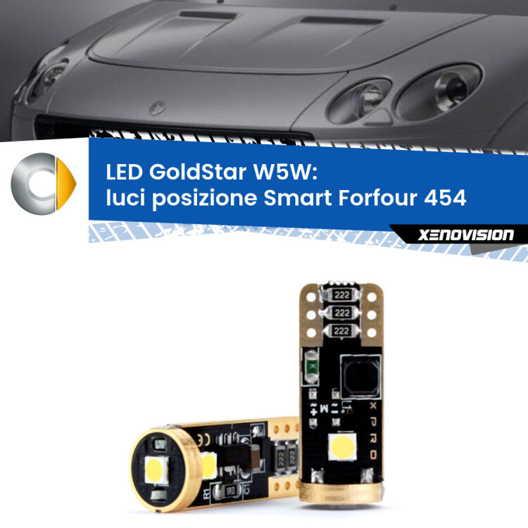 0 Luci posizione LED Smart Forfour 454 2004-2006: T10 GoldStar <strong>Luci posizione LED Smart Forfour</strong> 454 2004-2006: ottima luminosità a 360 gradi. Si inseriscono ovunque. Canbus, Top Quality.