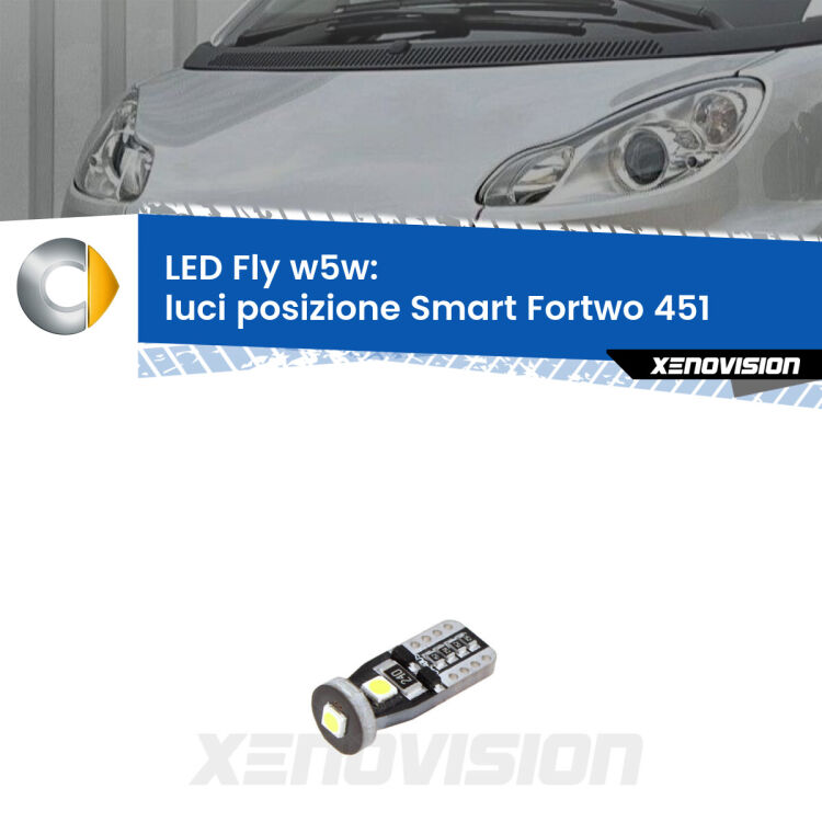 <strong>luci posizione LED per Smart Fortwo</strong> 451 2007-2014. Coppia lampadine <strong>w5w</strong> Canbus compatte modello Fly Xenovision.