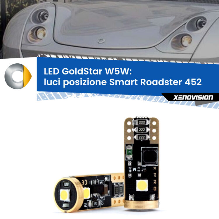 0 Luci posizione LED Smart Roadster 452 2003-2005: T10 GoldStar <strong>Luci posizione LED Smart Roadster</strong> 452 2003-2005: ottima luminosità a 360 gradi. Si inseriscono ovunque. Canbus, Top Quality.