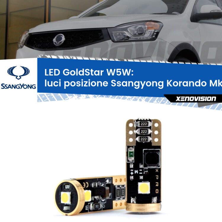 0 Luci posizione LED Ssangyong Korando Mk2 1996-2006: T10 GoldStar <strong>Luci posizione LED Ssangyong Korando</strong> Mk2 1996-2006: ottima luminosità a 360 gradi. Si inseriscono ovunque. Canbus, Top Quality.