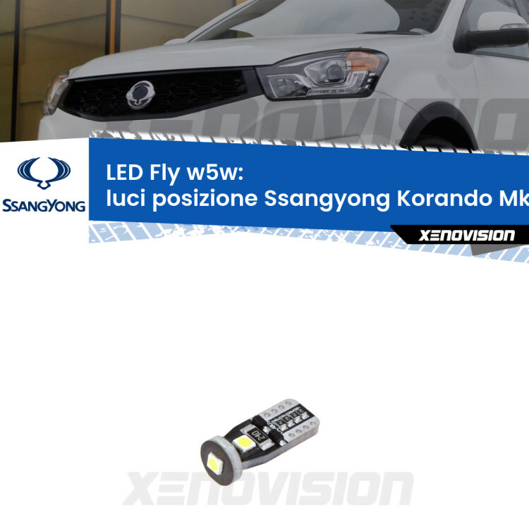 <strong>luci posizione LED per Ssangyong Korando</strong> Mk2 1996-2006. Coppia lampadine <strong>w5w</strong> Canbus compatte modello Fly Xenovision.
