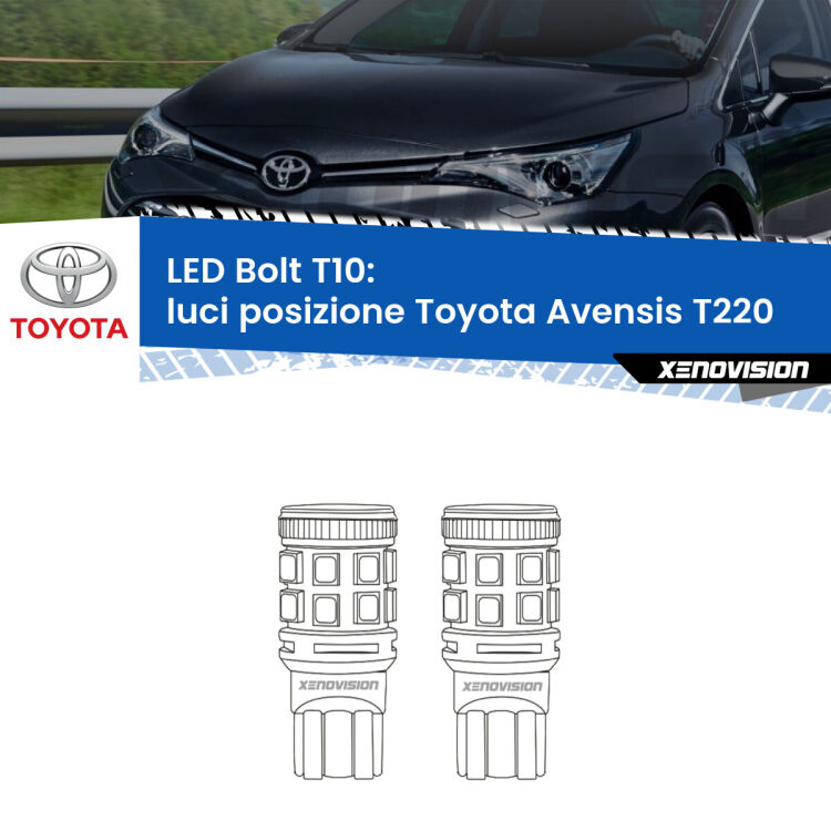 0 Luci posizione LED Toyota Avensis T220 1997-2003: T10 Bolt <strong>Luci posizione LED per Toyota Avensis</strong> T220 1997-2003. Coppia lampade <strong>T10</strong> modello Bolt canbus.