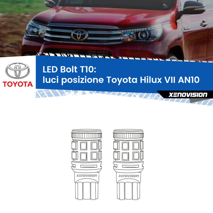 0 Luci posizione LED Toyota Hilux VII AN10 2004-2015: T10 Bolt <strong>Luci posizione LED per Toyota Hilux VII</strong> AN10 2004-2015. Coppia lampade <strong>T10</strong> modello Bolt canbus.