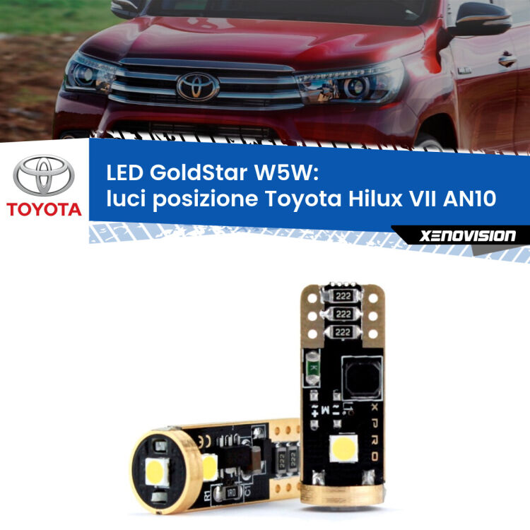 0 Luci posizione LED Toyota Hilux VII AN10 2004-2015: T10 GoldStar <strong>Luci posizione LED Toyota Hilux VII</strong> AN10 2004-2015: ottima luminosità a 360 gradi. Si inseriscono ovunque. Canbus, Top Quality.