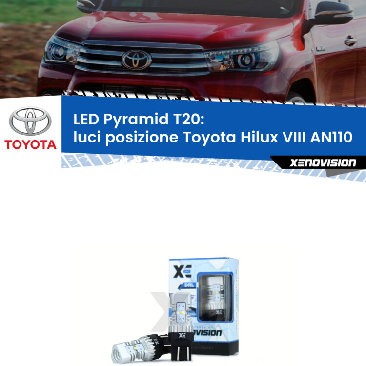 Coppia <strong>Luci posizione LED</strong> per Toyota <strong>Hilux VIII AN110</strong>  2015in poi. Lampadine premium <strong>T20</strong> ultra luminose e super canbus, modello Pyramid Xenovision.