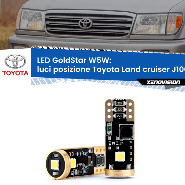 0 Luci posizione LED Toyota Land cruiser J100 1998-2007: T10 GoldStar <strong>Luci posizione LED Toyota Land cruiser</strong> J100 1998-2007: ottima luminosità a 360 gradi. Si inseriscono ovunque. Canbus, Top Quality.