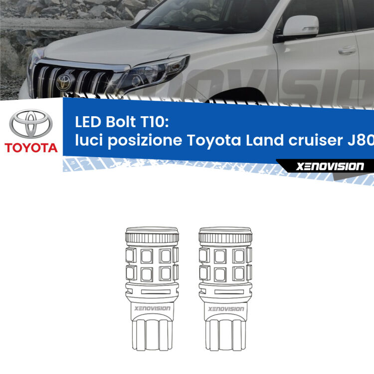 0 Luci posizione LED Toyota Land cruiser J80 1990-1997: T10 Bolt <strong>Luci posizione LED per Toyota Land cruiser</strong> J80 1990-1997. Coppia lampade <strong>T10</strong> modello Bolt canbus.