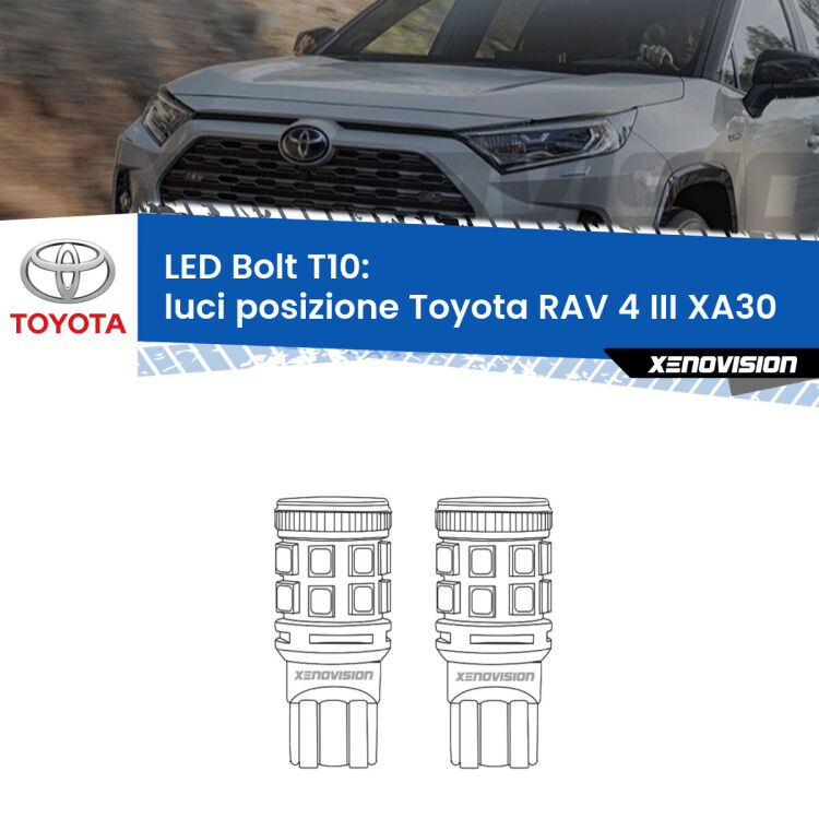 0 Luci posizione LED Toyota RAV 4 III XA30 2005-2014: T10 Bolt <strong>Luci posizione LED per Toyota RAV 4 III</strong> XA30 2005-2014. Coppia lampade <strong>T10</strong> modello Bolt canbus.