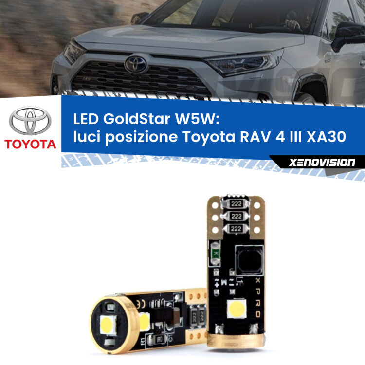 0 Luci posizione LED Toyota RAV 4 III XA30 2005-2014: T10 GoldStar <strong>Luci posizione LED Toyota RAV 4 III</strong> XA30 2005-2014: ottima luminosità a 360 gradi. Si inseriscono ovunque. Canbus, Top Quality.