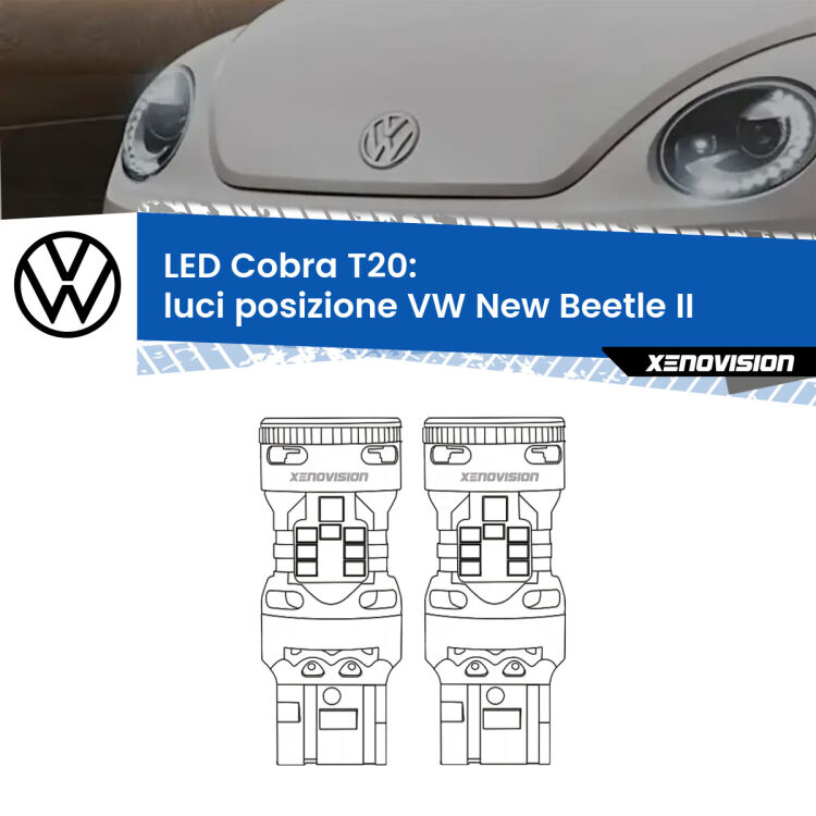 0 Luci posizione LED VW New Beetle II 2011-2019: T20 Cobra <strong>Luci posizione LED no-spie per VW New Beetle</strong> II 2011-2019. Coppia lampade <strong>T20</strong> modello Cobra super-canbus, raffreddate a ventola.