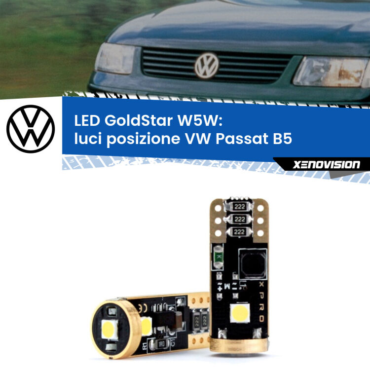 0 Luci posizione LED VW Passat B5 1996-2000: T10 GoldStar <strong>Luci posizione LED VW Passat</strong> B5 1996-2000: ottima luminosità a 360 gradi. Si inseriscono ovunque. Canbus, Top Quality.