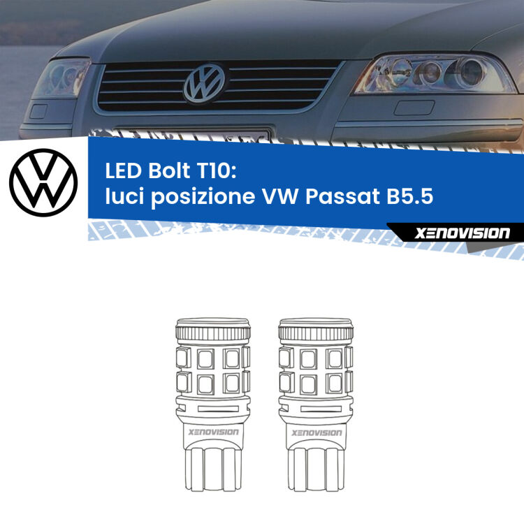 0 Luci posizione LED VW Passat B5.5 2000-2005: T10 Bolt <strong>Luci posizione LED per VW Passat</strong> B5.5 2000-2005. Coppia lampade <strong>T10</strong> modello Bolt canbus.