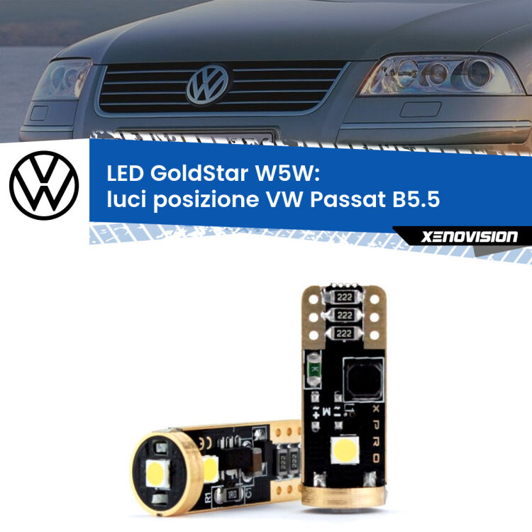 0 Luci posizione LED VW Passat B5.5 2000-2005: T10 GoldStar <strong>Luci posizione LED VW Passat</strong> B5.5 2000-2005: ottima luminosità a 360 gradi. Si inseriscono ovunque. Canbus, Top Quality.