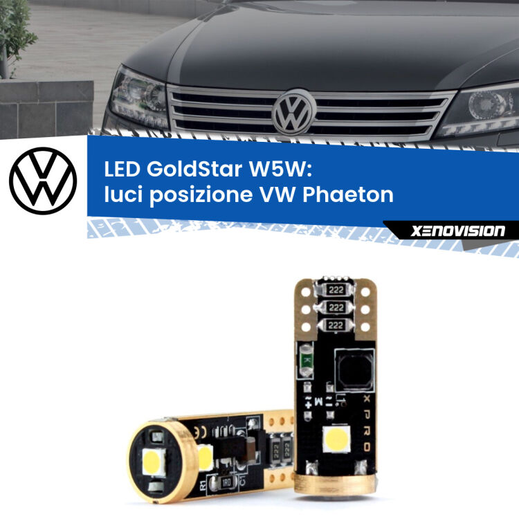 0 Luci posizione LED VW Phaeton  2002-2016: T10 GoldStar <strong>Luci posizione LED VW Phaeton</strong>  2002-2016: ottima luminosità a 360 gradi. Si inseriscono ovunque. Canbus, Top Quality.