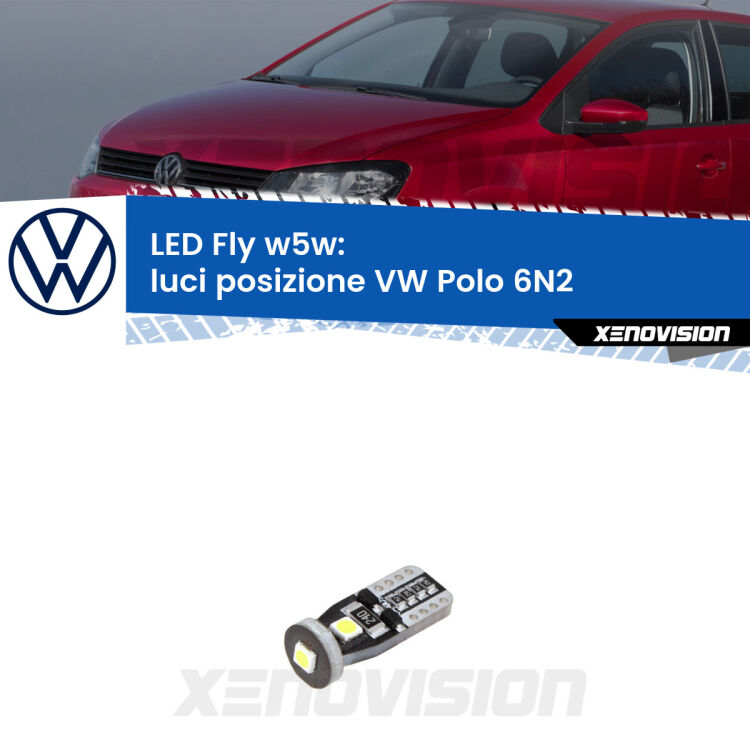 <strong>luci posizione LED per VW Polo</strong> 6N2 1999-2001. Coppia lampadine <strong>w5w</strong> Canbus compatte modello Fly Xenovision.